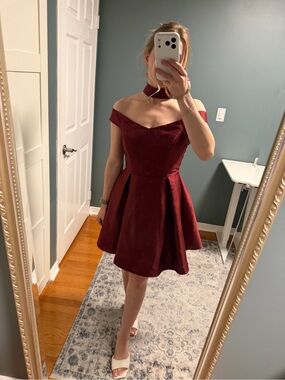Off Shoulder Fit & Flare Dress with Choker in Burgundy